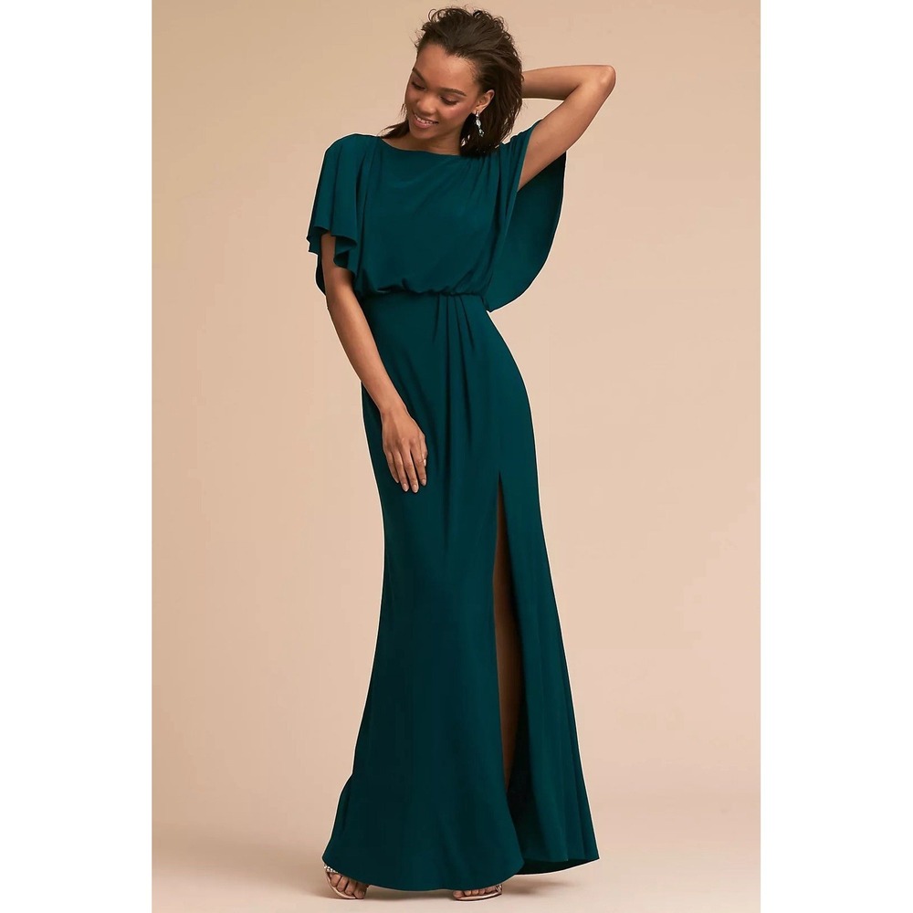 BHLDN Lena‎ Dress Size 4 Teal Flutter Sleeve Side Slit Maxi Wedding Bridesmaid